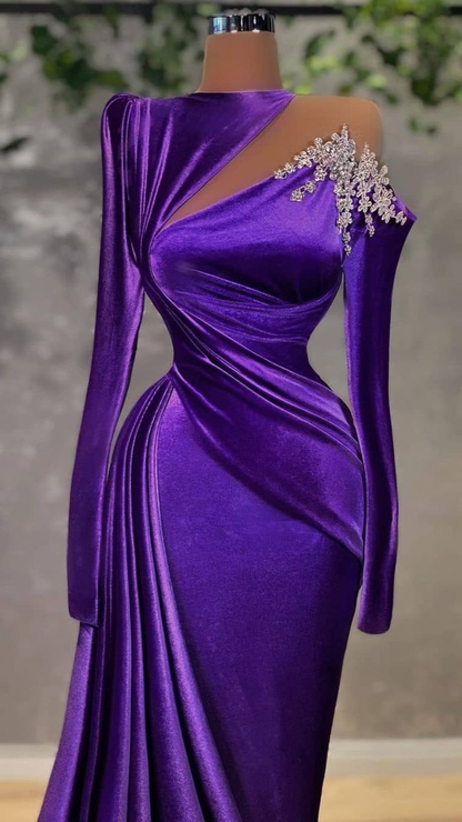 Purple Velvet Long Sleeve Evening Dress Arabic Style Cut Out Party Dress Women Dresses Y4933