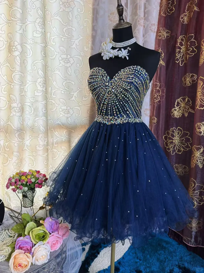 Vintage Navy Blue Tulle Beaded A Line Short Homecoming Dress Sexy Cocktail Dress Y9494