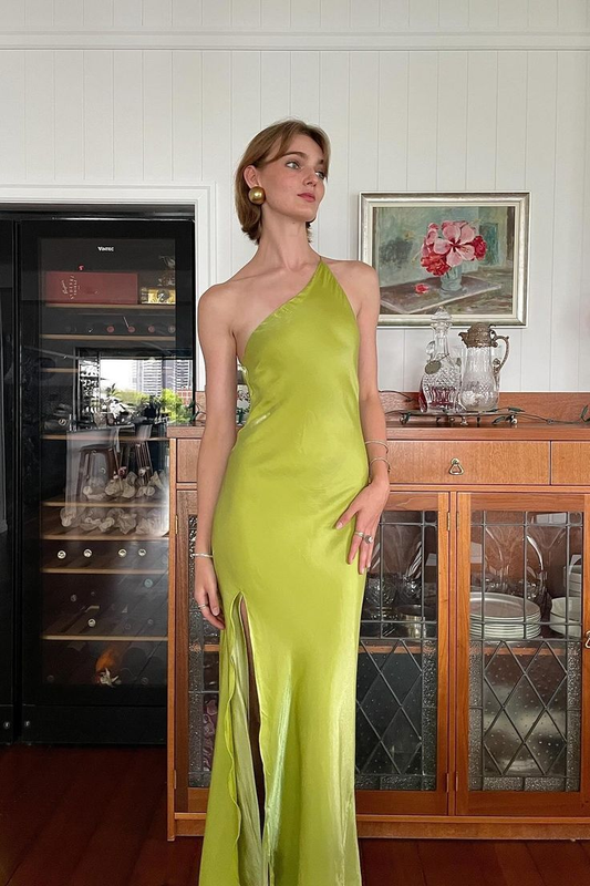 Elegant Green Sheath One Shoulder Long Party Prom Dress With Slit,Backless Evening Dress Y8550