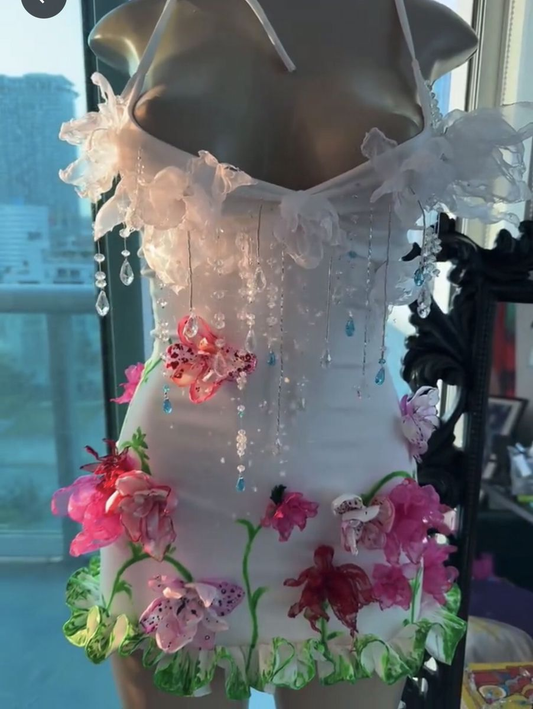 Gorgeous White Satin Beaded Flowers Sheath Short Homecoming Dress Birthday Outfits SP47