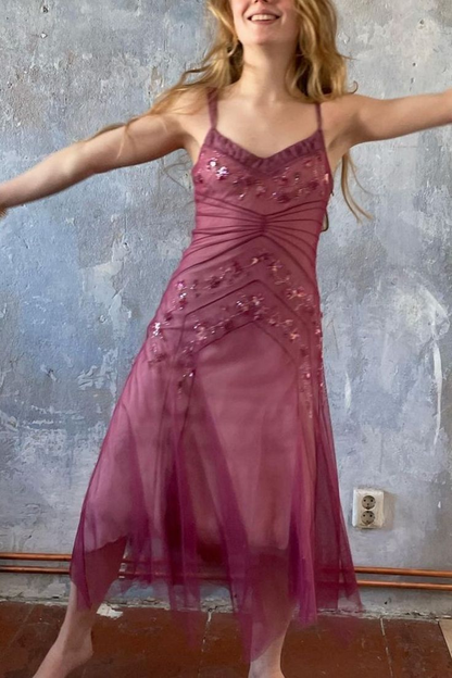 Pretty Spaghetti Straps Pink Tulle Beaded Mid-Length A Line Birthday Prom Dress Evening Gowns SP2105