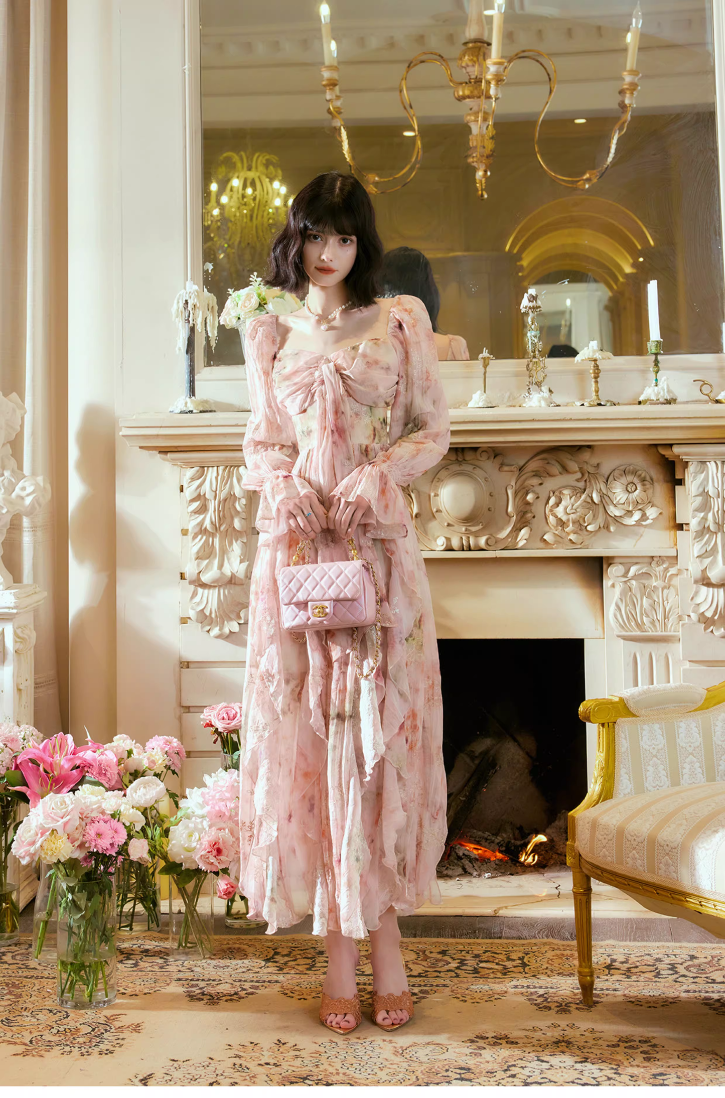 Glamorous Pink Chiffon Print Floral Long Birthday Party Dress Prom Gowns SP2010