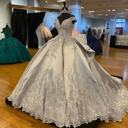 silver quince dress Rachel Allan RQ2217 Beaded Ball Gown Long Quinceanera Dress
