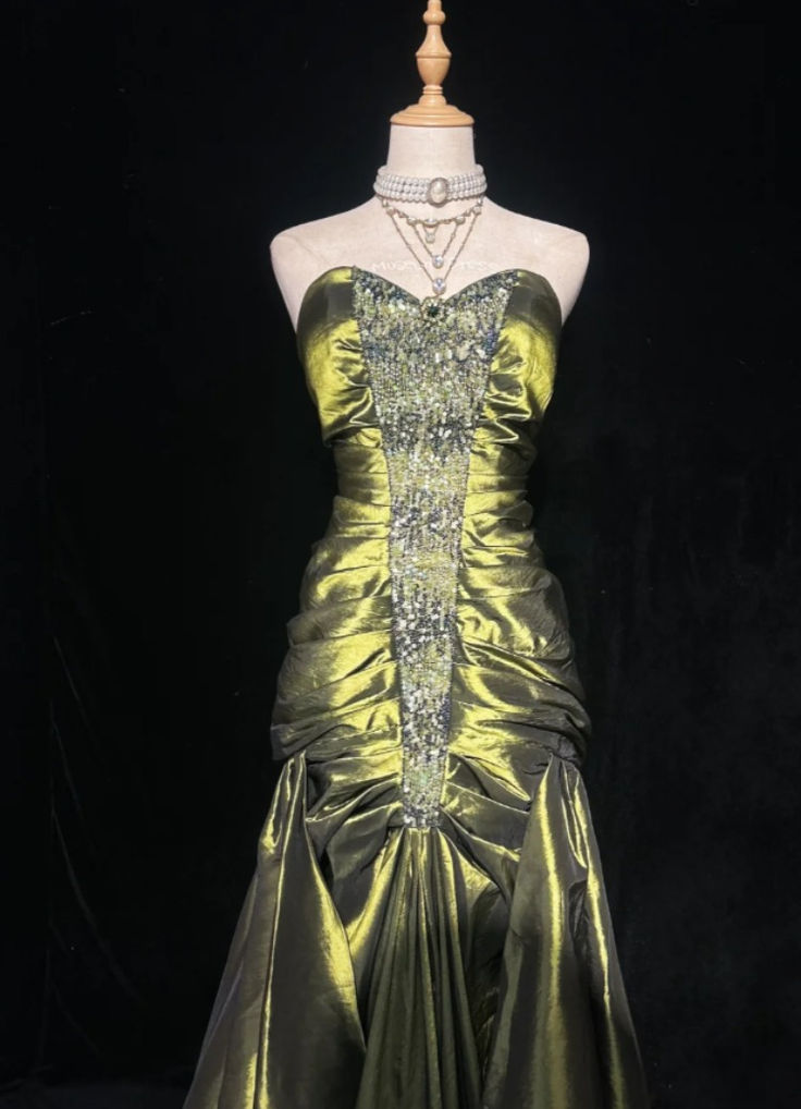 Vintage Strapless Olive Green Satin Pleated Beaded Mermaid Long Wedding Guest Dress Party Dress SP1338