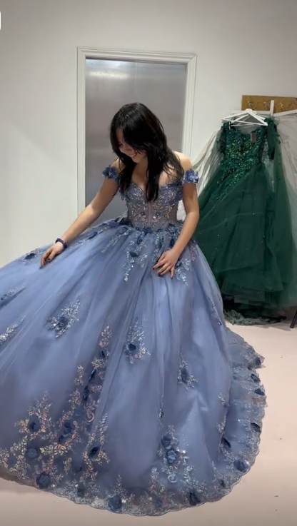 Charming Off The Shoulder Blue Tulle Sequin Floral Quinceanera Dress Sweet 16 Dress SP4286