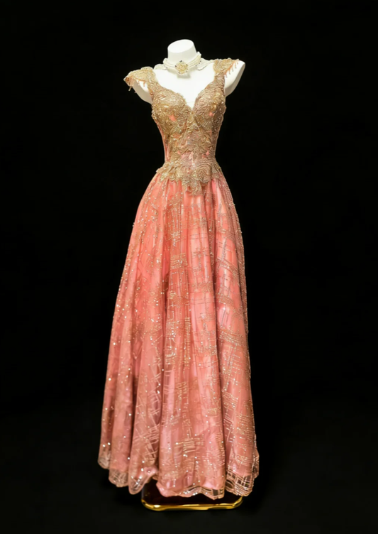 Unique Pink Lace Sequin Beaded A Line Long Party Dress Birthday Prom Dresses SP1575