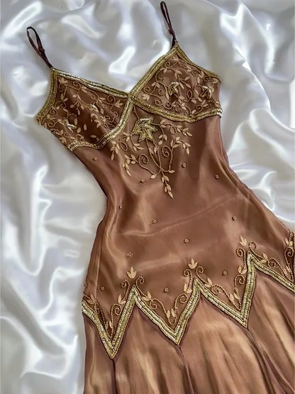 Vintage Spaghetti Straps Brown Skin Beaded Short Party Dress Formal Homecoming Dress Y9933