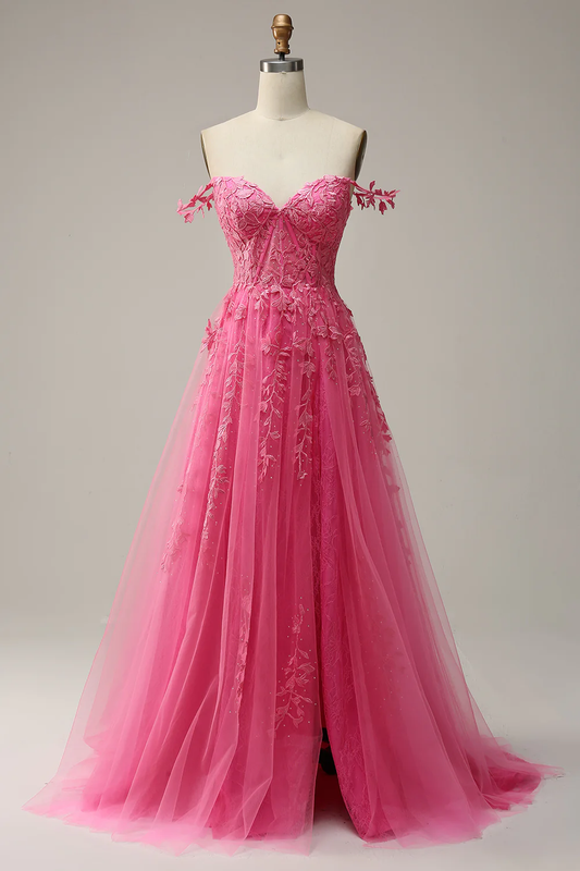 A Line Spaghetti Straps Hot Pink Prom Dress With Appliques Y2800