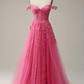 A Line Spaghetti Straps Hot Pink Prom Dress With Appliques Y2800