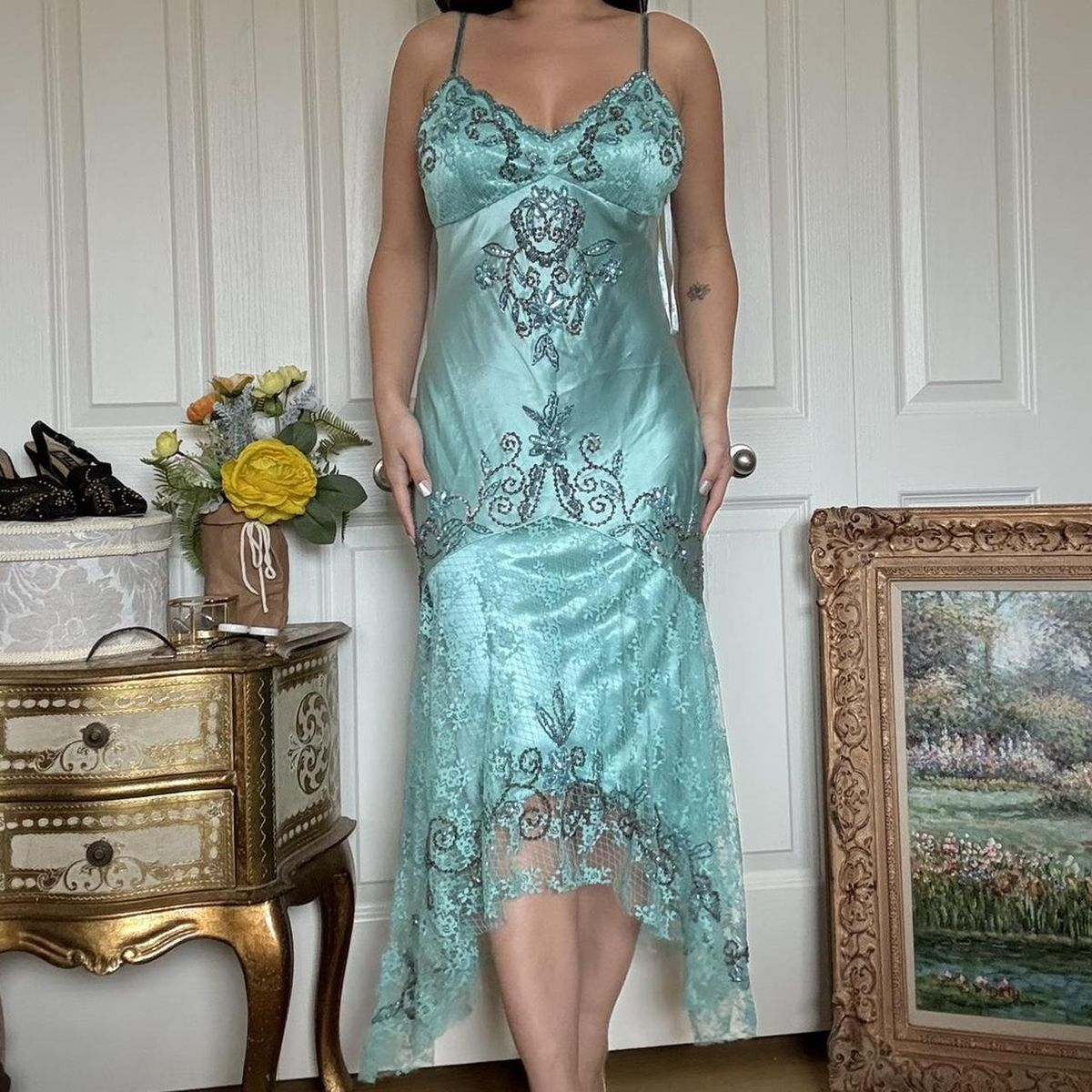 Classy Spaghetti Straps Blue V Neck Satin Lace Beaded Mermaid Party Dress Long Birthday Prom Gown SP814