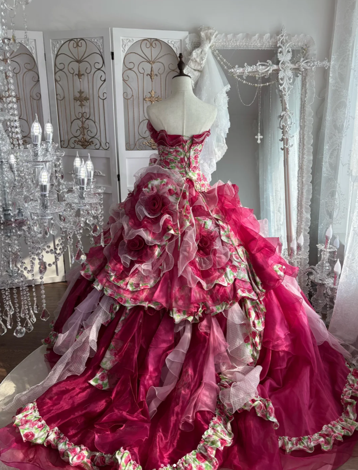 Pretty Strapless Rose Pink Satin Floral Beaded Tulle Layered Ball Gown Sweet Quinceanera Dress With Beaded SP1454