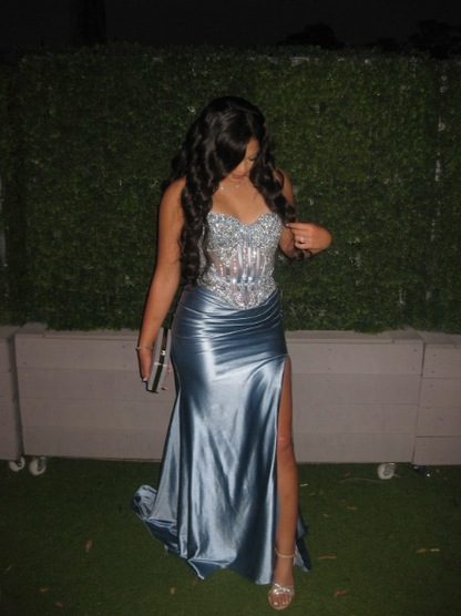 Classy Blue Strapless Satin Beaded Side Slit Long Wedding Guest Dress Formal Party Dress Prom Gown SP1355