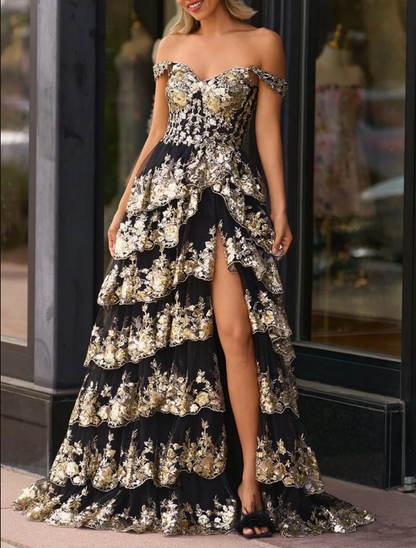 Sparkly Off The Shoulder Black Tulle Appliques Slit Prom Dress,Layered Long Prom Dress Y8428