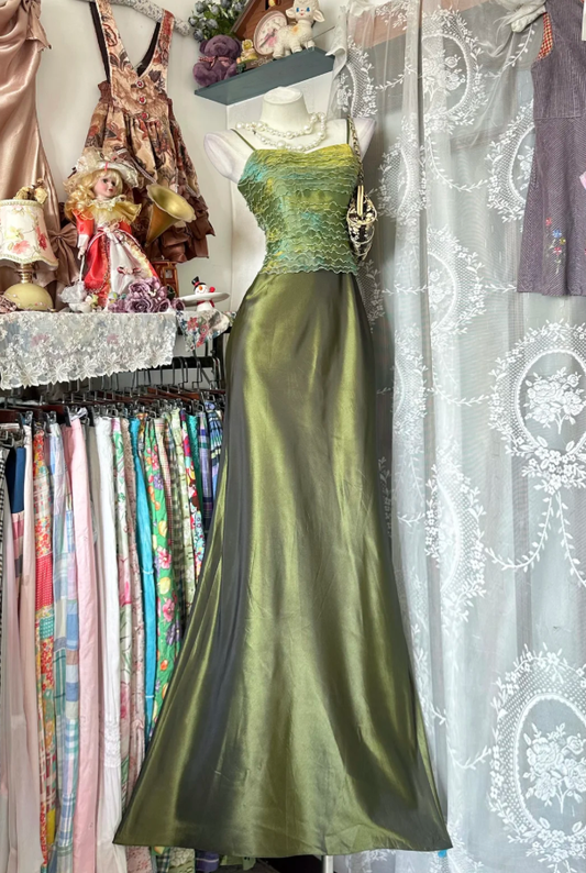 Vintage Spaghetti Straps Olive Green Satin Mermaid Long Evening Dress Formal Wedding Guest Dress SP1712