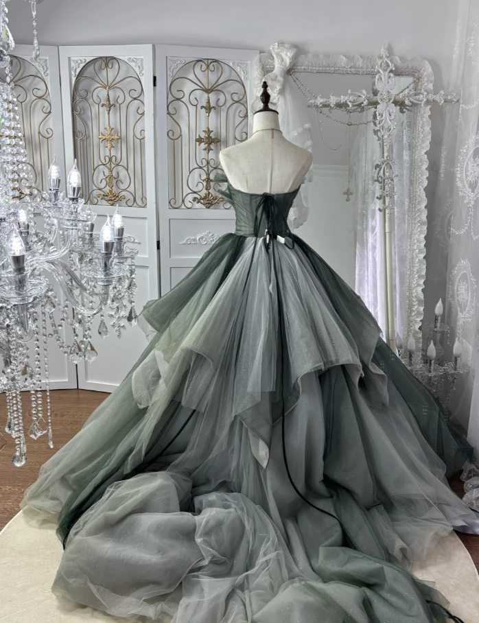 Elegant Strapless Green Tulle Sequin Ball Gown Formal Birthday Quinceanera Dress With Appliques SP1772