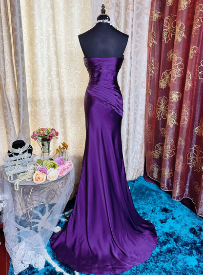 Sexy Spaghetti Straps Satin Pleated Slit Long Prom Dress Purple Mermaid Evening Gown SP2384