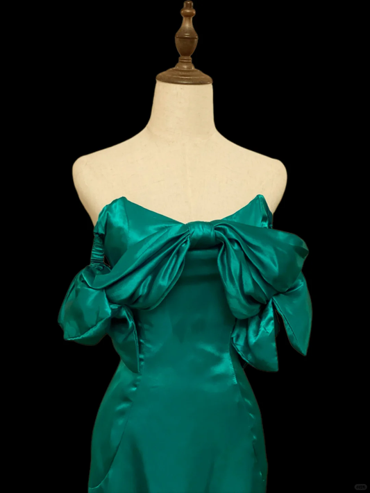 Vintage Bow Off The Shoulder Green Satin Sheath Short Homecoming Dress Birthday Dress SP4083