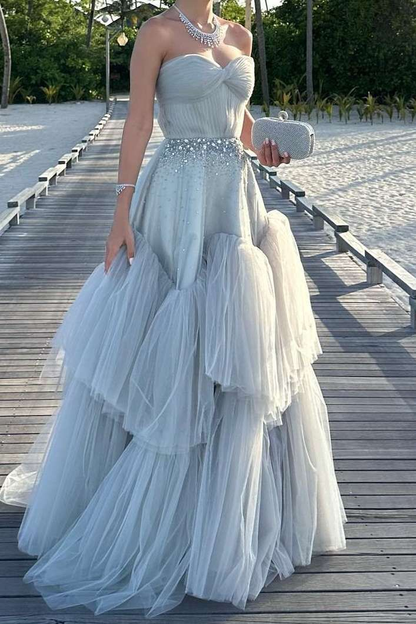 Elegant Strapless Blue Tulle Beaded Long Birthday Prom Dress Evening Gown Formal Wedding Guest Dress SP1432