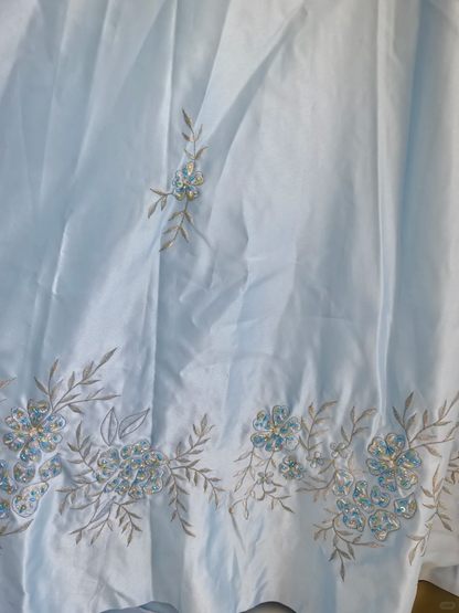 Classy Sleeveless Blue Satin Beaded Embroidery Floral A Line Long Prom Dress Party Gown SP2326