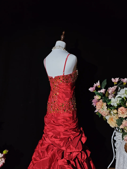 Vintage Red Spaghetti Straps Satin Pleated Long Party Dress Prom Dress SP2262