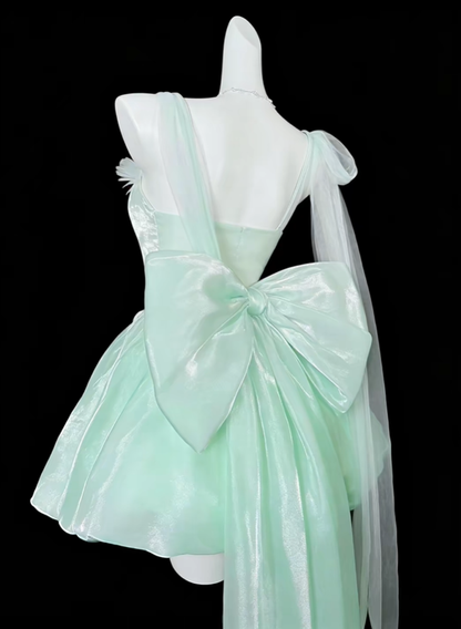 Classy Spaghetti Straps Tulle A Line Short Prom Dress,Mint Green Short Graduation Homecoming Dress With Bow SP3508