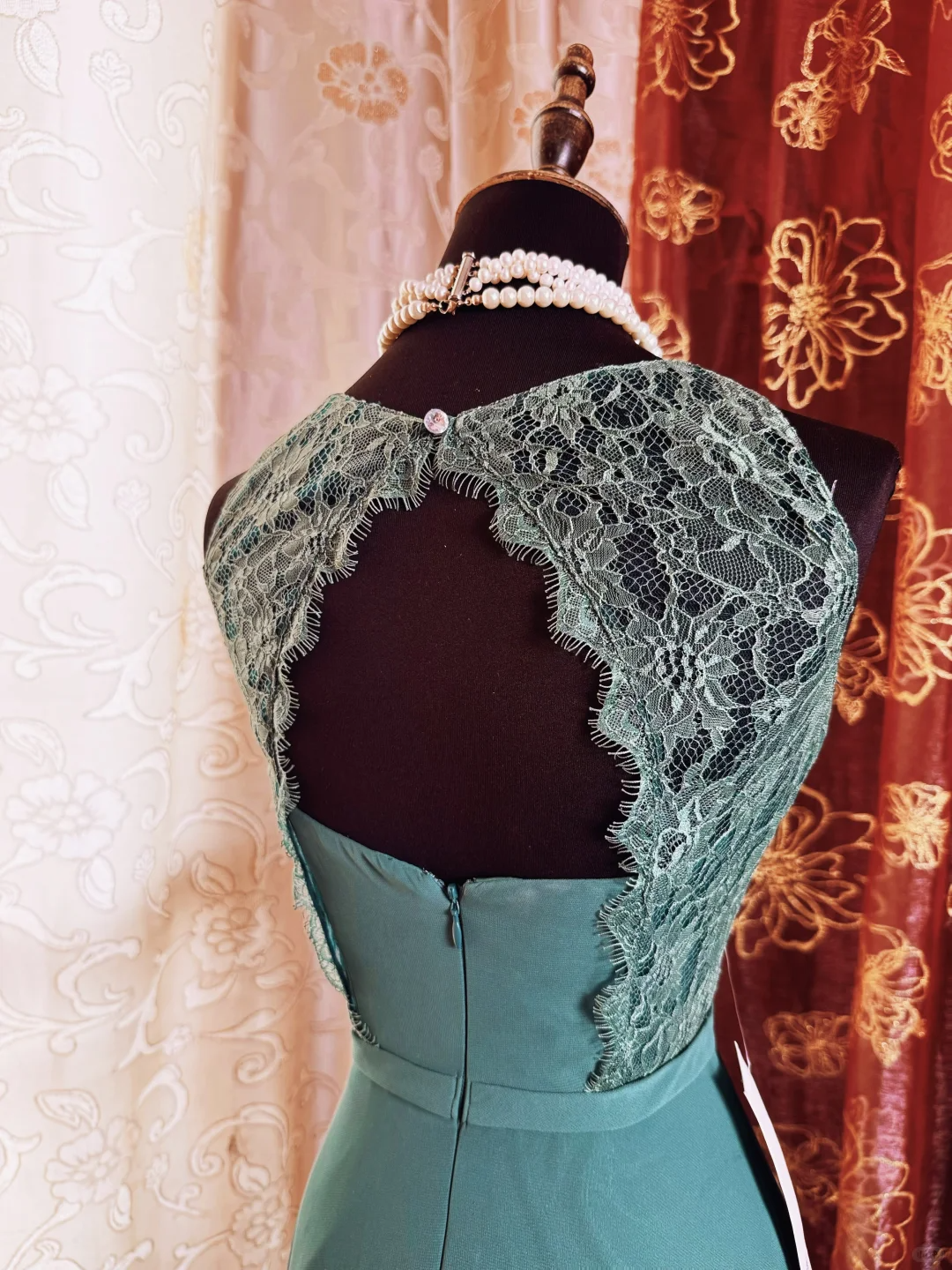 Vintage Green Sleeveless Lace Chiffon A Line Long Evening Dress Formal Wedding Guest Dress SP2385