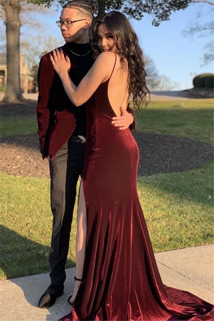 Sexy Burgundy Spaghetti-Straps Backless Side-Slit Velvet Mermaid Prom Dress Y6532