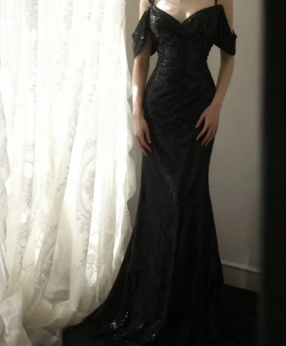 Sparkly Spaghetti Straps Black Sequin Mermaid Long Wedding Guest Dress Evening Gown SP1173
