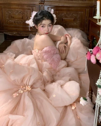 Pretty Pink Strapless Organza Appliques Long  Wedding Dress SP730
