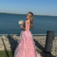Pink Off Shoulder Fluffy Lace Appliques Floral Long Prom Dress,Evening Dress Y7846