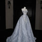 Glitter Strapless Blue Tulle Sequins A Line Prom Dress Evening Dress,Formal Wedding Dress Y8676