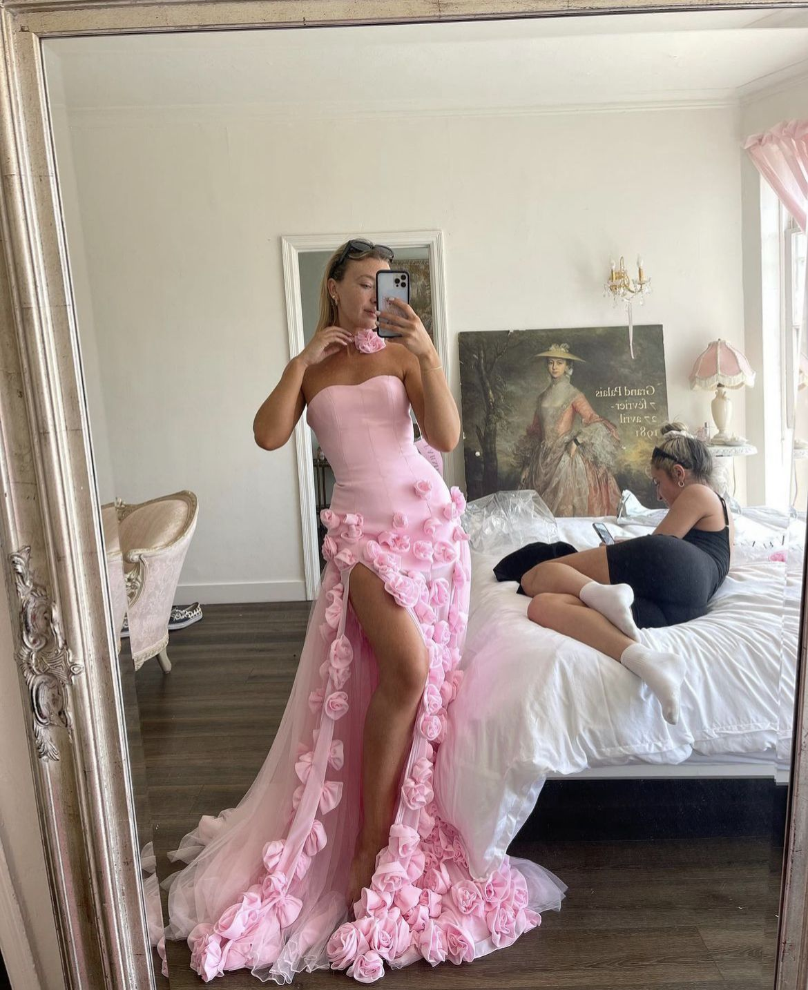 Chic Pink Strapless Long Prom Dress with 3D Flowers Y2723