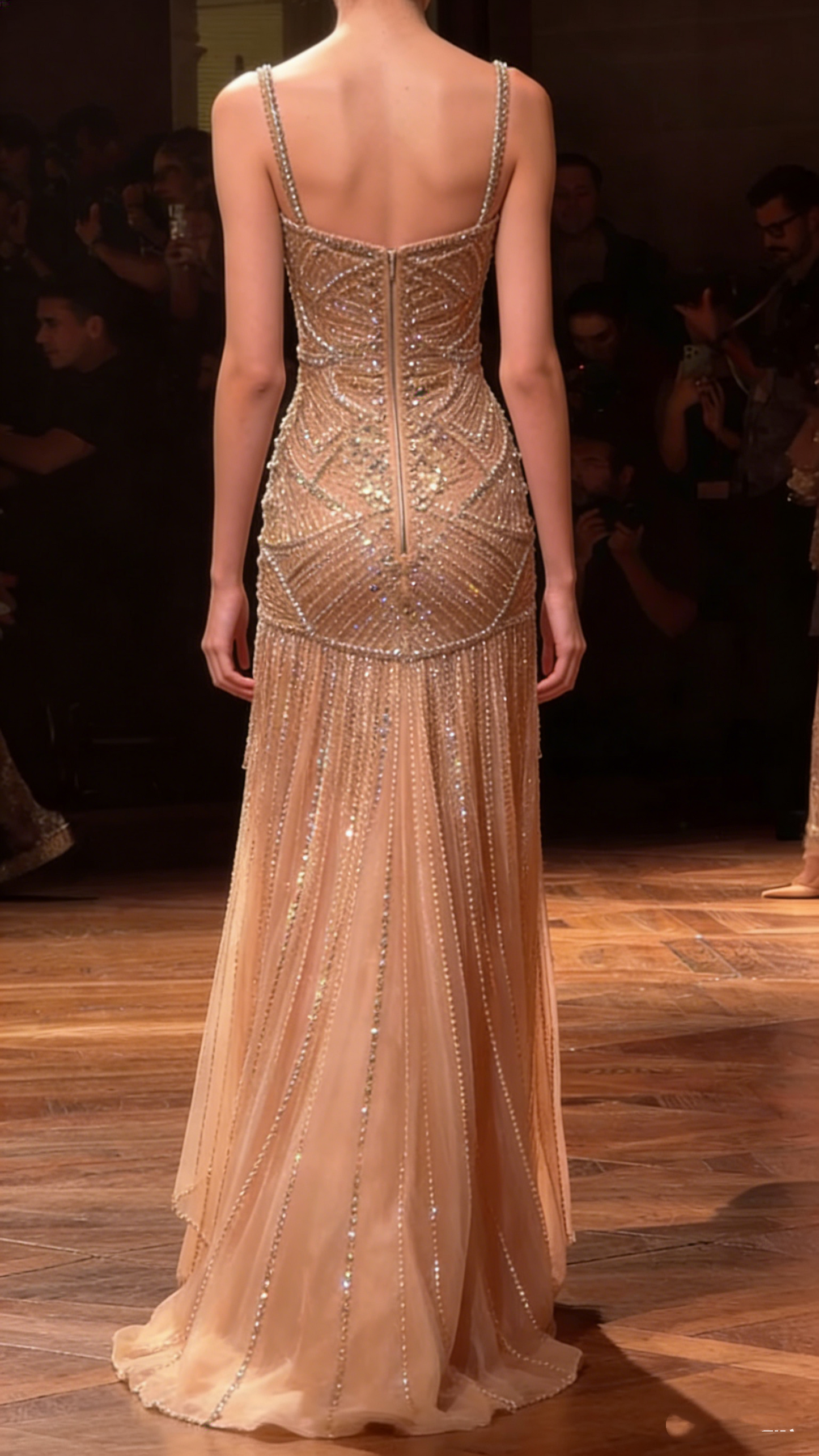 Luxurious Spaghetti Straps Champagne Tulle Beaded Mermaid Evening Dress Formal Prom Dress SP550