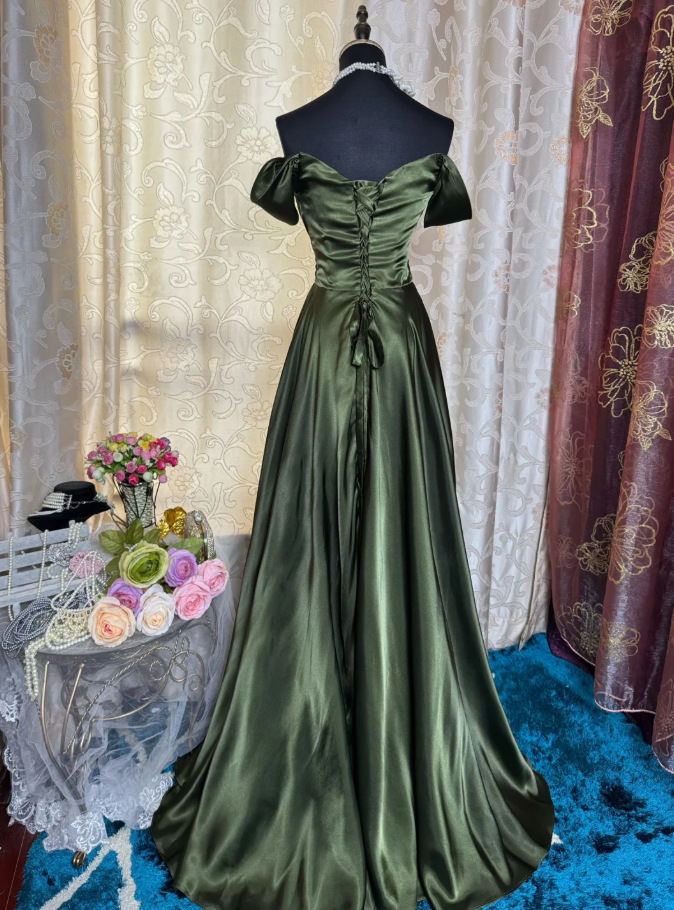 Classy Off The Shoulder Olive Green Satin Pleated Slit Long Evening Dress Formal Wedding Guest  Dress SP1889