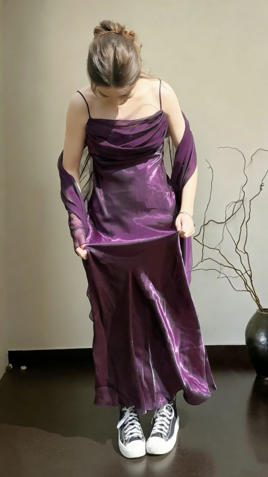 Elegant Spaghetti Straps Purple Satin A Line Long Wedding Guest Dress Evening Dress With Ribbon SP1508