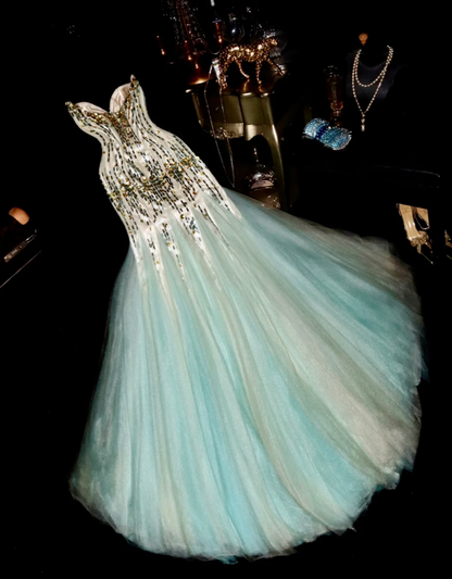 Gorgeous Green Strapless Tulle Sequin Beaded Mermaid Party Dress Long Prom Gown SP949