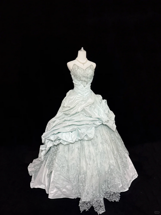 Glamorous Spaghetti Straps V Neck Lace Satin Pleated Floral Quinceanera Dress Sweet 16 Dress SP2219