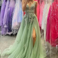 A Line Spaghetti Straps Dark Green Long Prom Dress with Criss Cross Back Y2003