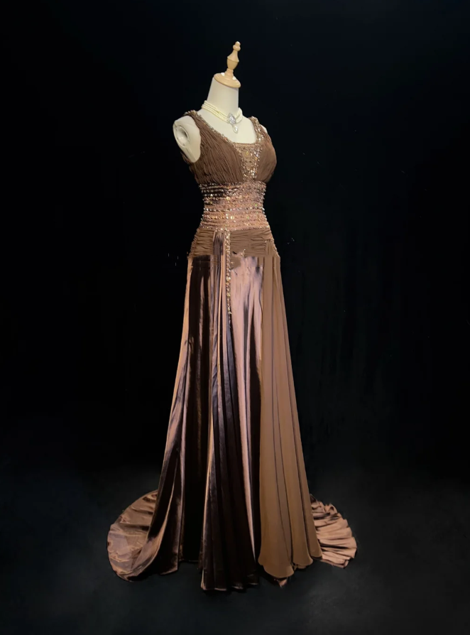 Vintage Brown Satin Chiffon Beaded Mermaid Long Party Dress Birthday Prom Dress SP1860
