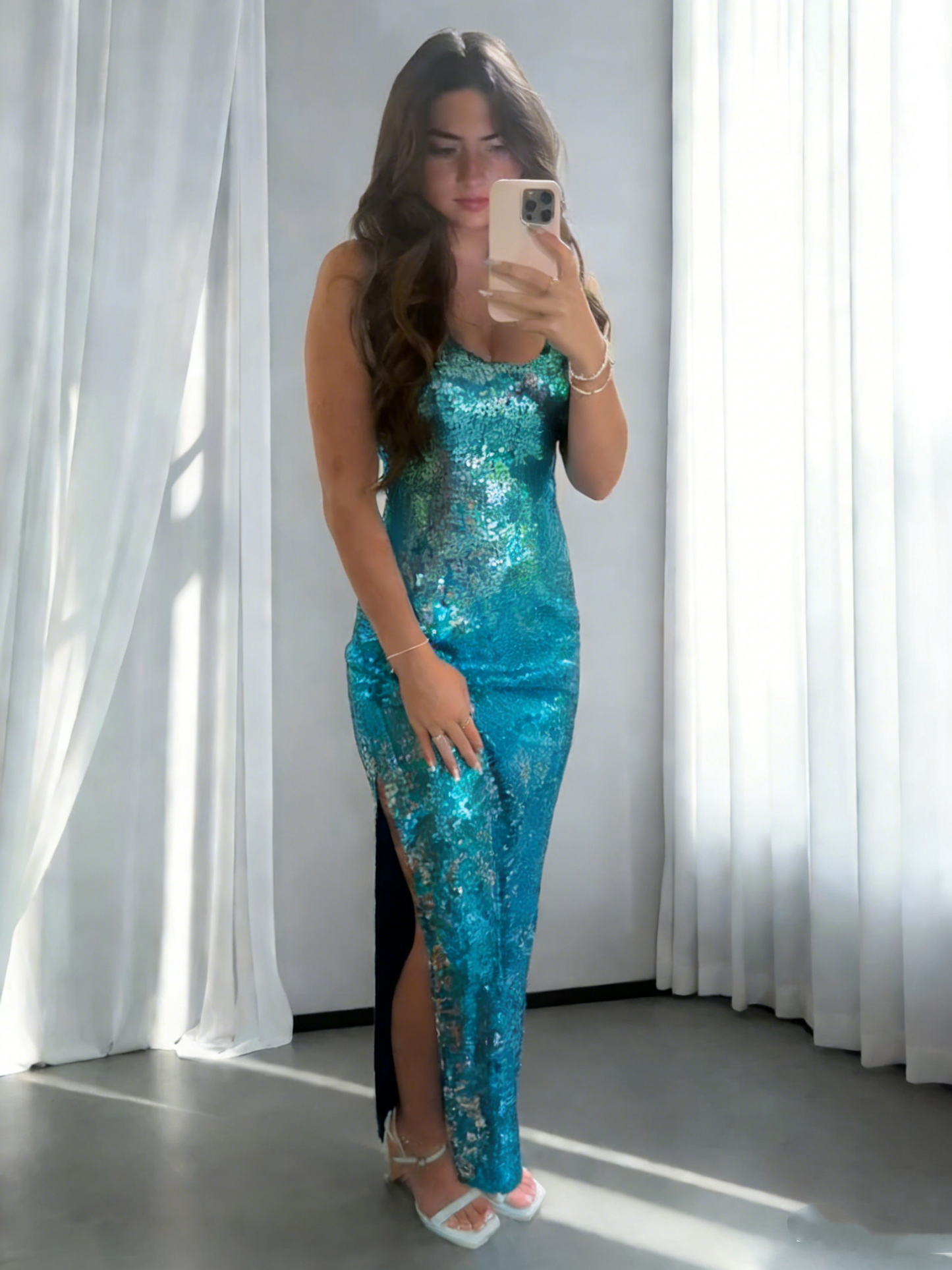 Gorgeous Blue Sequin Sheath Slit Long Evening Dress Formal Evening Dress SP1701