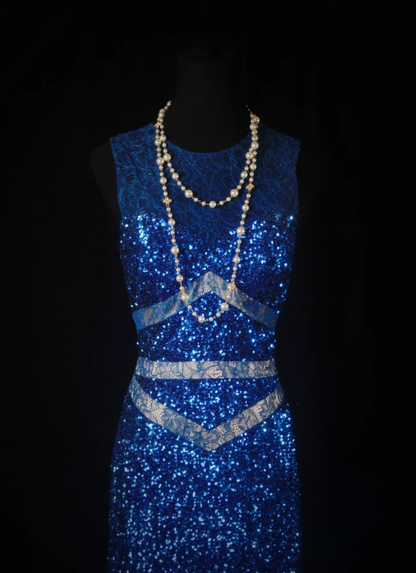 Sparkly Sleeveless Royal Blue Lace Sequin Slit Mermaid Long Party Dress Evening Dress SP1699