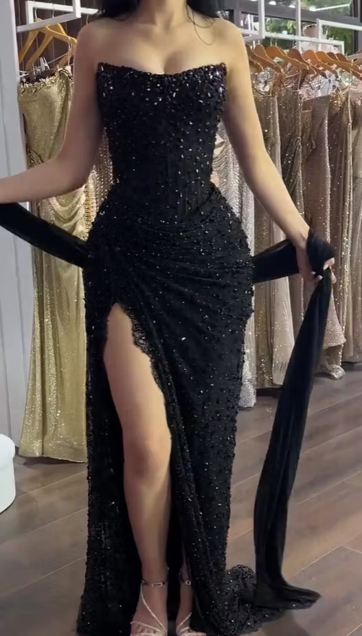 Elegant Black Strapless Tulle Beaded High Slit Mermaid Party Dress Long Prom Dress SP3277