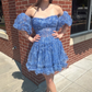 Blue Puff Sleeves Ruffles A-line Prints Homecoming Dress Y2714