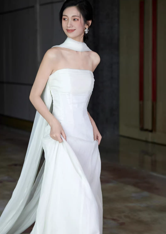 Pretty White Strapless Tulle Mermaid Long Wedding Dress Bridal Gowns With Ribbon SP2017