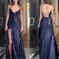 Womens Navy Sequined Slit Spaghetti Strap V Neck Full-Length Prom Dress Y6490