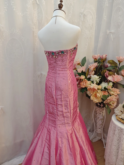 Gorgeous Strapless Pink Satin Pleated Mermaid Long Evening Dress 17th Birthday Dress With Beads SP2257