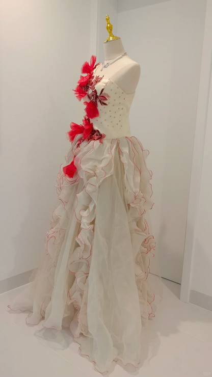 Unique One Shoulder Tulle Appliques Beaded Chiffon Ruffles Long Prom Dress Birthday Party Dress SP2328