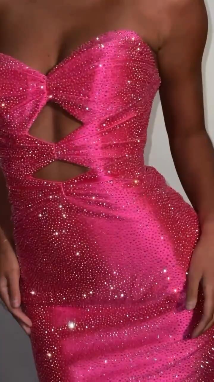 Sparkly Strapless Hot Pink Satin Beaded Sheath Short Homecoming Dress Cocktail Dress SP3822