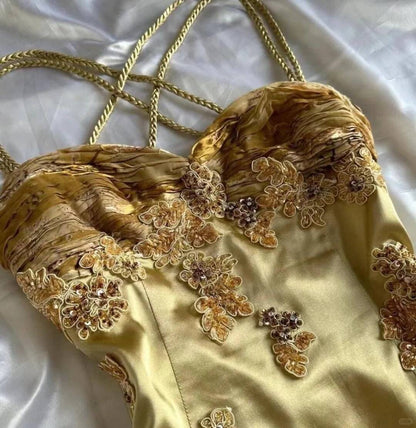 Gorgeous Gold Spaghetti Straps Mermaid Appliqued Party Dress Evening Dress Y8914