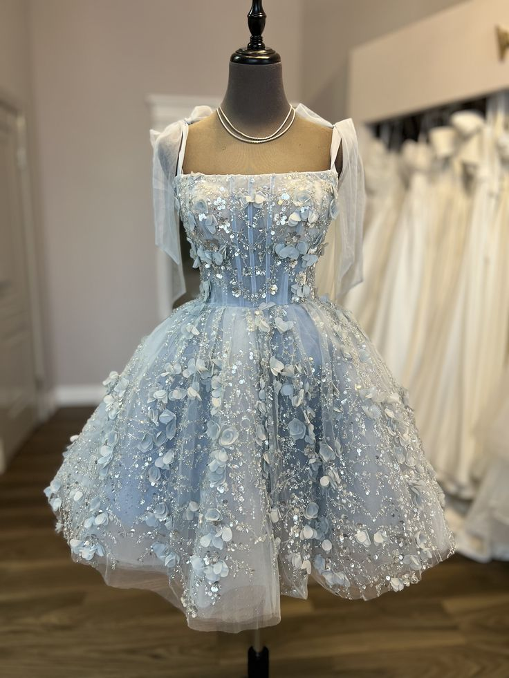 Elegant Spaghetti Straps Tulle Sequin Appliques Short 17th Birthday Outfits,Blue Graduation Homecoming Dress SP2789